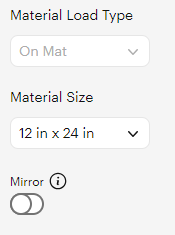 The Cricut Design Studio mat layout sidebar showing the Mirror toggle under the Material Load Type and Material Size menus.