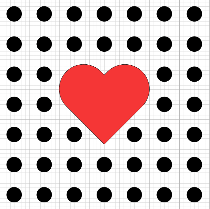 A grid of black dots with a red heart centered.