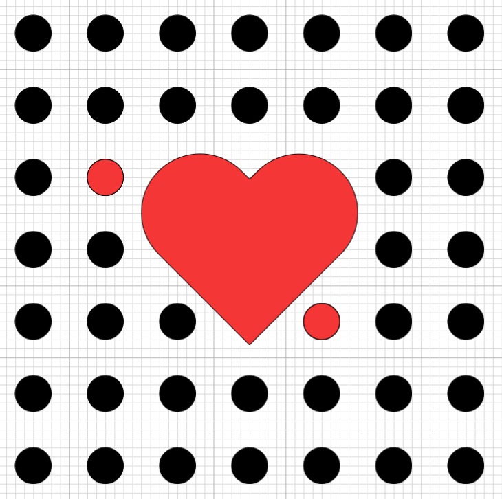A grid of black dots with a red heart centered, now with registration marks to the upper left and lower right of the heart.