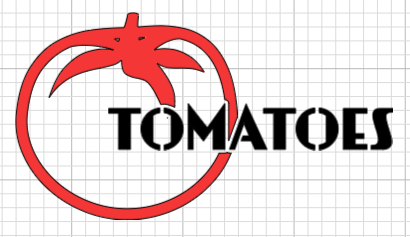 The red shape of a tomato with the black text TOMATOES overlaid on it such that the red shape avoids the black text.