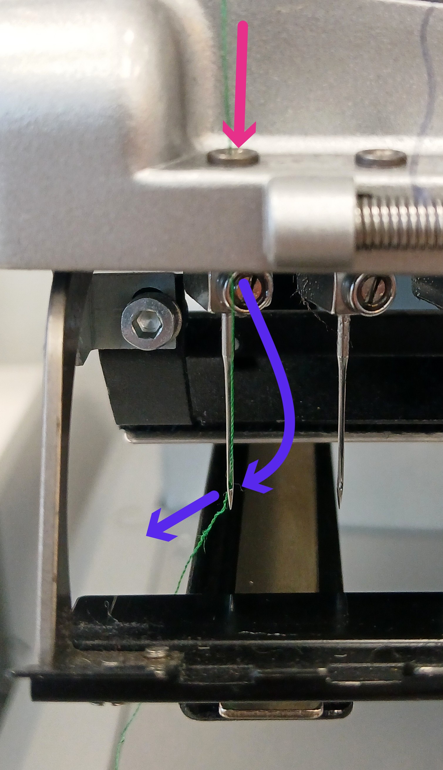 The thread exits the face of the machine above the needle, then passes front to back (slightly right to left) through the eye of the needle.