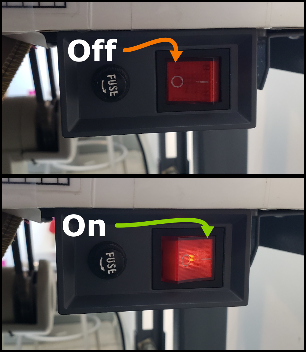 Power switch on the sewing machine table.